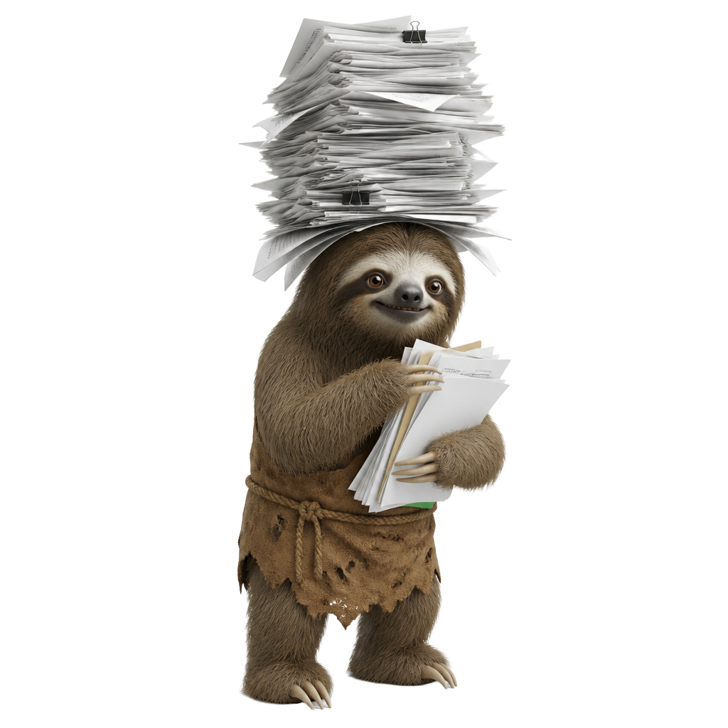 Overwhelmed sloth carrying a stack of paperwork