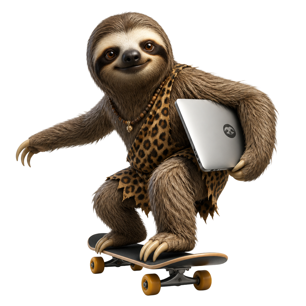 Tech-savvy sloth on a skateboard holding a laptop