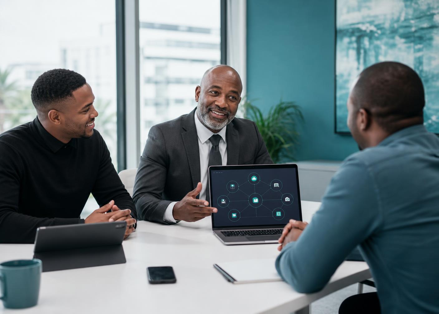 Vantage consultants meeting a business owner with laptops and tablets showing connected automation systems